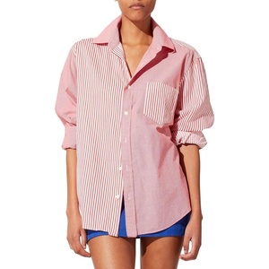 image:imageSolid amp Striped Womens Cotton ButtonDown Shirt and Swim CoverUp  The Oxford Tunic Small Apple Red Stripe